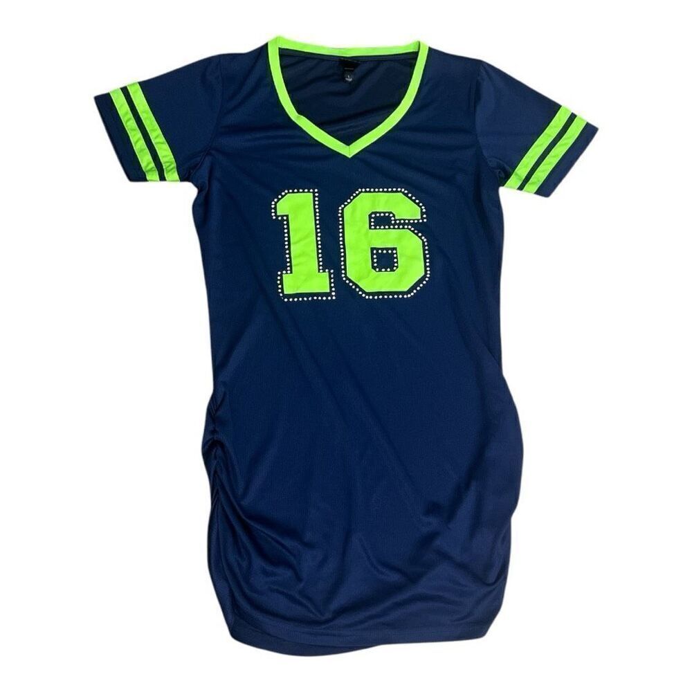 Seattle Seahawks 16 Maternity Blue T-Shirt Size L Rhinestone Short-Sleeve V-Neck